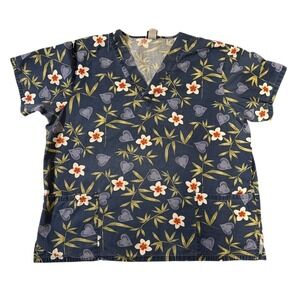Medgear Scrub Top Navy Blue Tropical Floral Bamboo Heart Print V-Neck Medical XL
